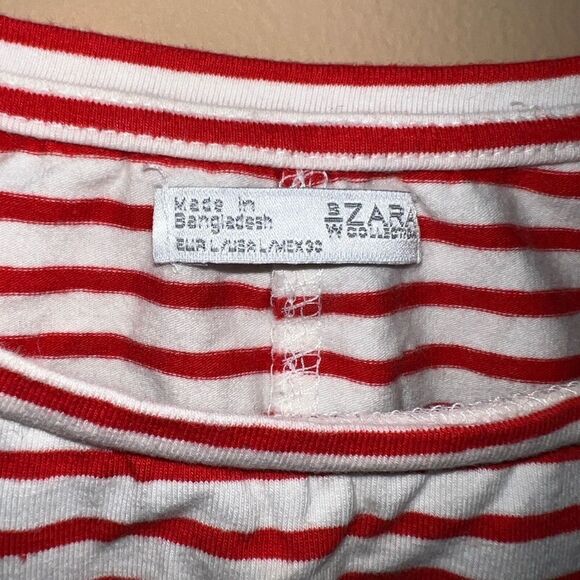 Zara Size Large Cream & Red Striped Short Sleeve Cropped‎ Shirt - Picture 3 of 5